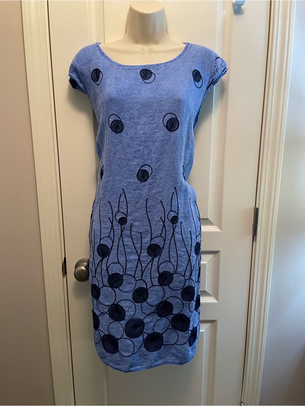 Blue Printed Cap-Sleeve Linen Dress